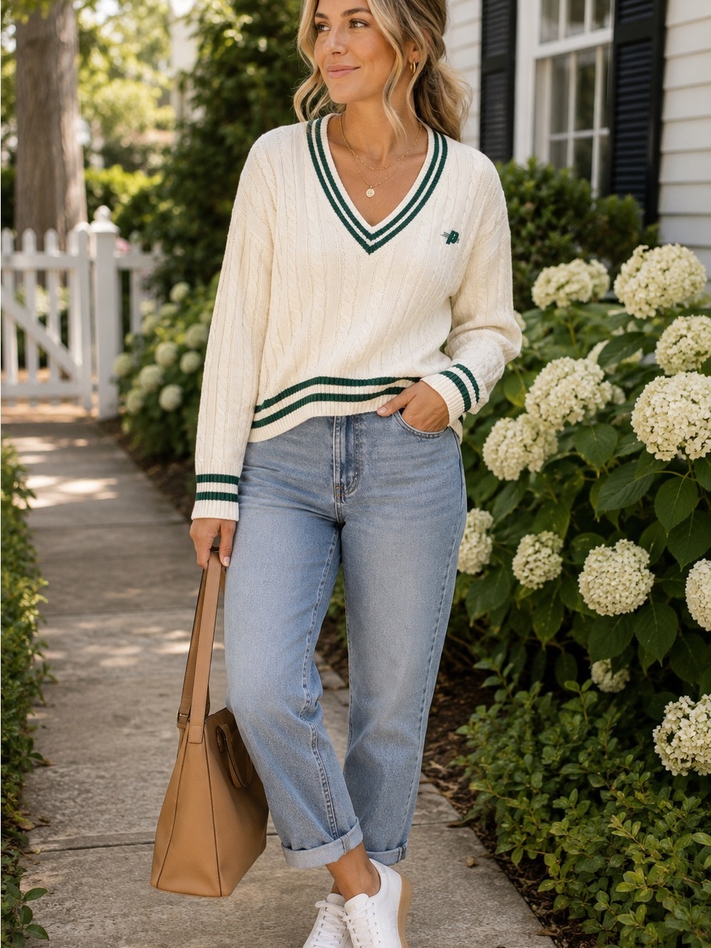 Prince Ivory Cable Knit Cricket Sweater Green Trim V-Neck Preppy TennisPicklebal - Picture 6 of 11